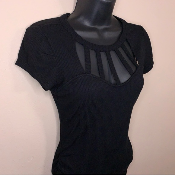 Y2K Small Candies Black Strappy Ribbed Short Sleeve Top Stretch Pinup Knit - Picture 3 of 13